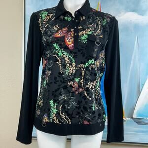 Vintage Lim Su Yun Blouse Black Burn out velvet flowers/butterflies size Large